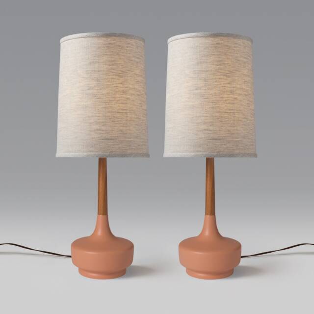 Mid Century Table Lamp Ceramic & Teak Brooke Desert RosePair - image 1