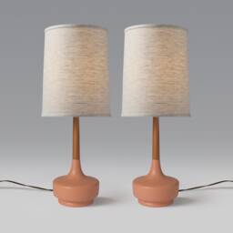Mid Century Table Lamp Ceramic & Teak Brooke Desert RosePair - thumbnail 1