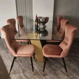 Set Of 2 New York Velvet Dining Chairs - High-Back With Black Legs & Gold Tips - thumbnail 4