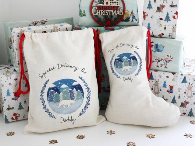 Polar Bear Winter Scene Sack , Personalised Santa Christmas Stocking, Eve Bag, Toy - image 1