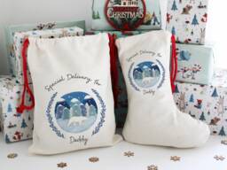 Polar Bear Winter Scene Sack , Personalised Santa Christmas Stocking, Eve Bag, Toy