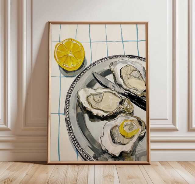 Oyster & Lemon Kitchen Wall Art Print - Modern Food Poster, Coastal Dining Room Decor, Seafood Illustration Artwork, Retro Poster - image 1