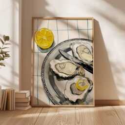 Oyster & Lemon Kitchen Wall Art Print - Modern Food Poster, Coastal Dining Room Decor, Seafood Illustration Artwork, Retro Poster - thumbnail 2