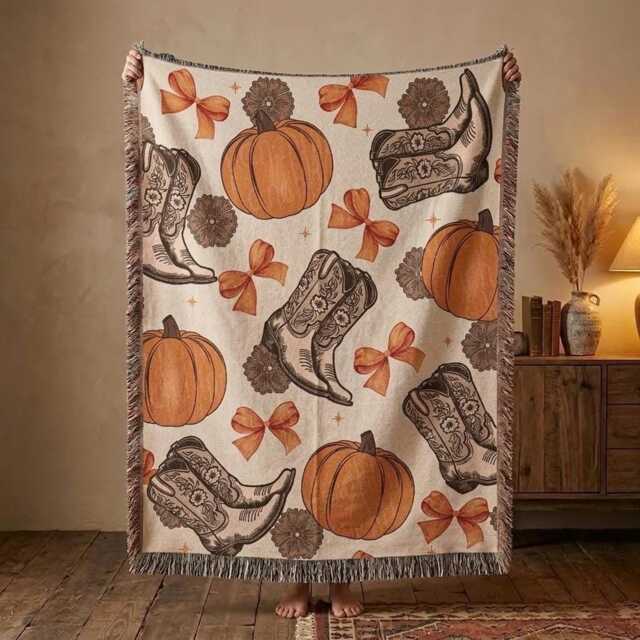 Cowgirl Pumpkin Woven Blanket, Western Fall Throw Rustic Autumn Decor, Cowboy Boots Halloween Blanket Gift - image 1
