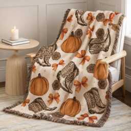 Cowgirl Pumpkin Woven Blanket, Western Fall Throw Rustic Autumn Decor, Cowboy Boots Halloween Blanket Gift - thumbnail 2