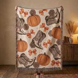 Cowgirl Pumpkin Woven Blanket, Western Fall Throw Rustic Autumn Decor, Cowboy Boots Halloween Blanket Gift - thumbnail 1