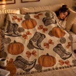 Cowgirl Pumpkin Woven Blanket, Western Fall Throw Rustic Autumn Decor, Cowboy Boots Halloween Blanket Gift - thumbnail 3