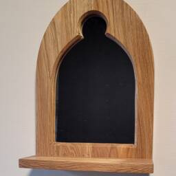 Gothic Arch Solid Wooden English Oak Keyhole Trefoil Wall Mirror & Shelf 34 cm Long Hand Made - thumbnail 3