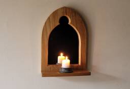 Gothic Arch Solid Wooden English Oak Keyhole Trefoil Wall Mirror & Shelf 34 cm Long Hand Made