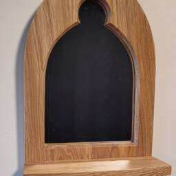 Gothic Arch Solid Wooden English Oak Keyhole Trefoil Wall Mirror & Shelf 34 cm Long Hand Made - thumbnail 2