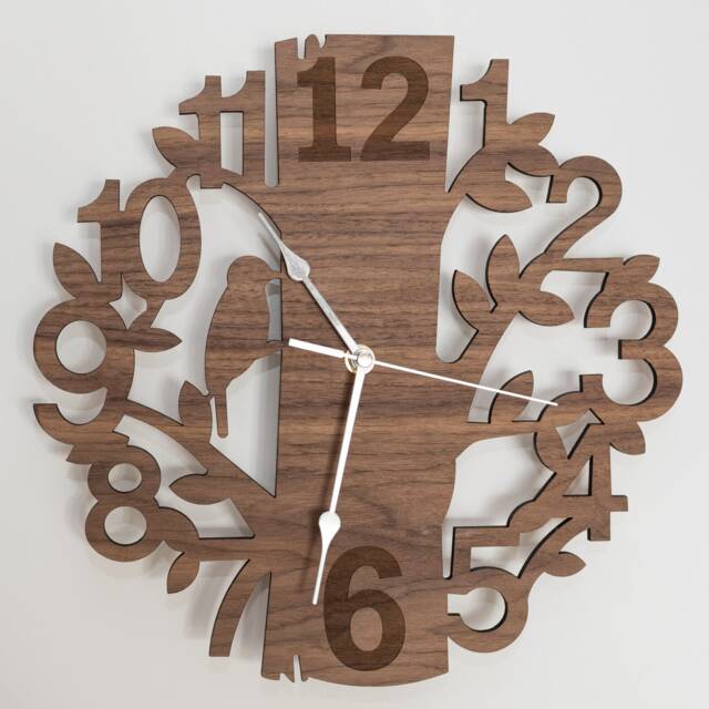 Handmade Wooden Silent Nature Wall Clock Engraved Up To 90cm in Oak, Cherry Or Walnut - Silver Gold Hands - image 1