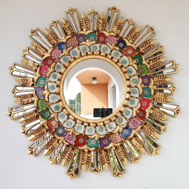 Peruvian Gold Royal Sunburst Mirror 78 cm Handmade Wall Decor - Carved Wood Round Luxury Statement For Living Room Bathroom - image 1