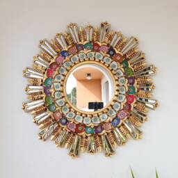 Peruvian Gold Royal Sunburst Mirror 78 cm Handmade Wall Decor - Carved Wood Round Luxury Statement For Living Room Bathroom - thumbnail 2