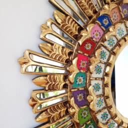Peruvian Gold Royal Sunburst Mirror 78 cm Handmade Wall Decor - Carved Wood Round Luxury Statement For Living Room Bathroom - thumbnail 3