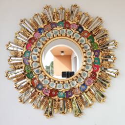 Peruvian Gold Royal Sunburst Mirror 78 cm Handmade Wall Decor - Carved Wood Round Luxury Statement For Living Room Bathroom