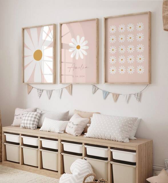 Neutral Daisy Prints - Set Of 3, Beige Nursery, Baby Print, Nursery Prints, Wall Art, Kids Bedroom, Flower Girls Room - image 1