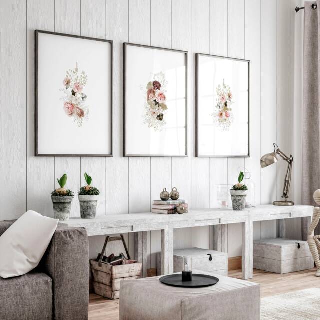 Extra Large Floral Triptych Wall Art, Simply Shabby Chic Framed Art 3 Piece Set, French Country Decor Living Room Hangings - image 1
