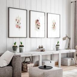 Extra Large Floral Triptych Wall Art, Simply Shabby Chic Framed Art 3 Piece Set, French Country Decor Living Room Hangings - thumbnail 1