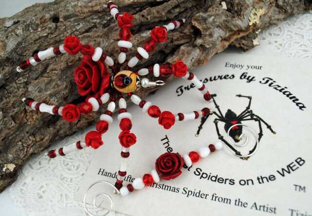 Flower Red Rose Ladybug Elegant Romantic Gift Christmas Spider Ornament With German Tinsel Legend, Holiday Ornament - image 1