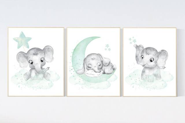 Elephant Nursery Art Print Mint Green Moon & Stars - image 1