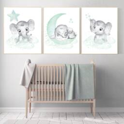 Elephant Nursery Art Print Mint Green Moon & Stars - thumbnail 2