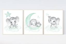 Elephant Nursery Art Print Mint Green Moon & Stars - thumbnail 1