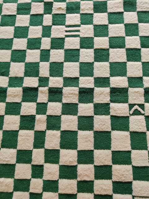 Handwoven Green & White Checkered Wool Rug, Pet-Friendly - image 1