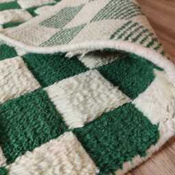 Handwoven Green & White Checkered Wool Rug, Pet-Friendly - thumbnail 2