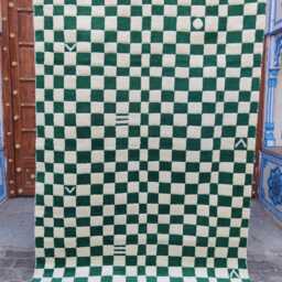Handwoven Green & White Checkered Wool Rug, Pet-Friendly - thumbnail 4