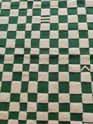 Handwoven Green & White Checkered Wool Rug, Pet-Friendly - thumbnail 1