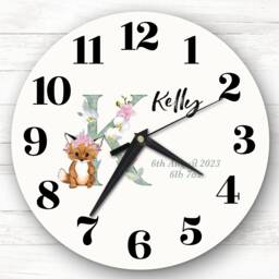 Baby Floral Watercolour Animal Alphabet Letter K Gift Personalised Clock - thumbnail 1