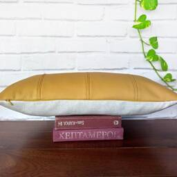 Mustard Tan Vegan Leather Pillow Cover, Rustic Lumbar Cushion With Linen Back -12x20 Inch - thumbnail 4