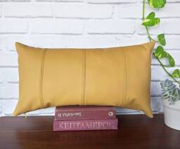 Mustard Tan Vegan Leather Pillow Cover, Rustic Lumbar Cushion With Linen Back -12x20 Inch
