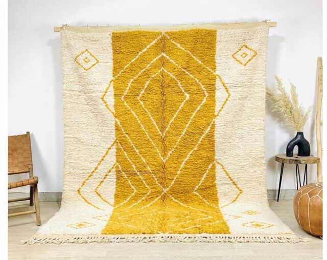 Mustard Yellow & Cream Diamond Moroccan Rug, Abstract Geometric Berber Carpet, Large Handmade Wool Shag Modern Boho Decor - image 1
