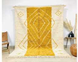 Mustard Yellow & Cream Diamond Moroccan Rug, Abstract Geometric Berber Carpet, Large Handmade Wool Shag Modern Boho Decor - thumbnail 1