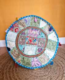 Indian Pouf Cover. Patchwork Ottoman. Handmade Home Deco