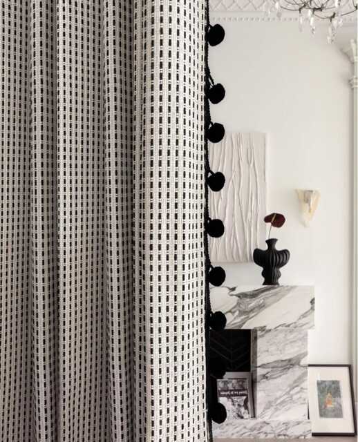 A Pair Of Woven Curtains With Pompom Trim, Black White Nursery Curtain Panels Living Room Bedroom Curtains, Custom Made