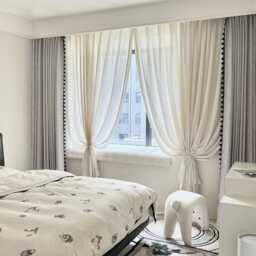 A Pair Of Woven Curtains With Pompom Trim, Black White Nursery Curtain Panels Living Room Bedroom Curtains, Custom Made - thumbnail 3