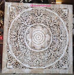 Thai White Queen Size Bed Bohemian Headboard Sculpture Lotus Flower Mandala Wooden Hand Craved Carving Teak Wood Art Panel Wall Home Decor - thumbnail 3
