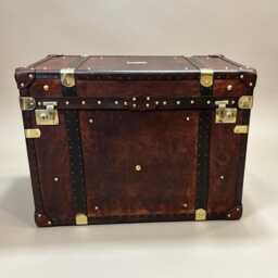 Hand-Pinned English Bridle Leather Steamer Trunk Coffee Table, Heirloom Storage Blanket Box - thumbnail 4