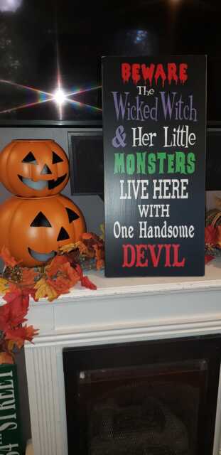 Halloween Wood Sign Beware The Wicked Witch & Her Little Monsters Live Here With One Handsome Devil Distressed Large Wall Hanging - image 1