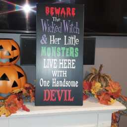 Halloween Wood Sign Beware The Wicked Witch & Her Little Monsters Live Here With One Handsome Devil Distressed Large Wall Hanging - thumbnail 3