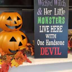Halloween Wood Sign Beware The Wicked Witch & Her Little Monsters Live Here With One Handsome Devil Distressed Large Wall Hanging - thumbnail 2