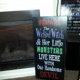Halloween Wood Sign Beware The Wicked Witch & Her Little Monsters Live Here With One Handsome Devil Distressed Large Wall Hanging - thumbnail 4