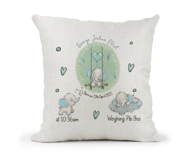 Personalised Cushion. Boys New Baby Keepsake Gift, Bedroom Decor, Birth Details, Christening, 1st Birthday Keepsake, Cute Elephants - image 1