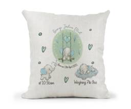 Personalised Cushion. Boys New Baby Keepsake Gift, Bedroom Decor, Birth Details, Christening, 1st Birthday Keepsake, Cute Elephants - thumbnail 1