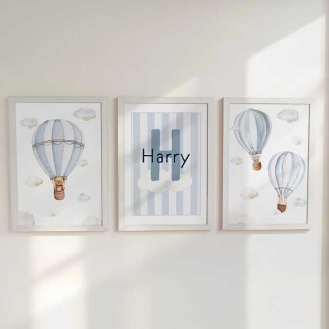 Hot Air Balloon Personalised Set Of 3 Prints For Nursery, Striped Wall Art Baby Bedroom, Cloud Decor Gift, Framed Animal Kids Room - image 1