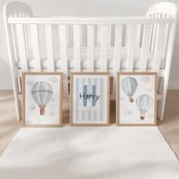 Hot Air Balloon Personalised Set Of 3 Prints For Nursery, Striped Wall Art Baby Bedroom, Cloud Decor Gift, Framed Animal Kids Room - thumbnail 3