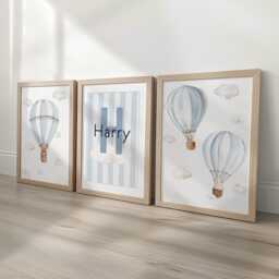 Hot Air Balloon Personalised Set Of 3 Prints For Nursery, Striped Wall Art Baby Bedroom, Cloud Decor Gift, Framed Animal Kids Room - thumbnail 2