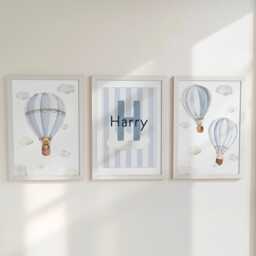 Hot Air Balloon Personalised Set Of 3 Prints For Nursery, Striped Wall Art Baby Bedroom, Cloud Decor Gift, Framed Animal Kids Room - thumbnail 1